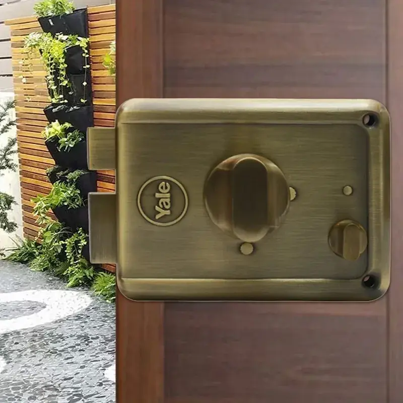 R601-DBTT-AB, RIM Lock With Two Deadbolts, Knob Inside, Regular Key, Antique Brass — view 1